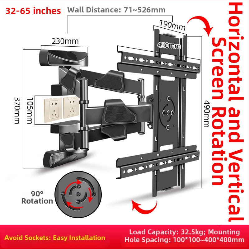 Šesťramenný otočný nástenný držiak na televíziu s 90° prechodom medzi horizontálnou a vertikálnou orientáciou; materiál: studená valcovaná oceľ + ABS.