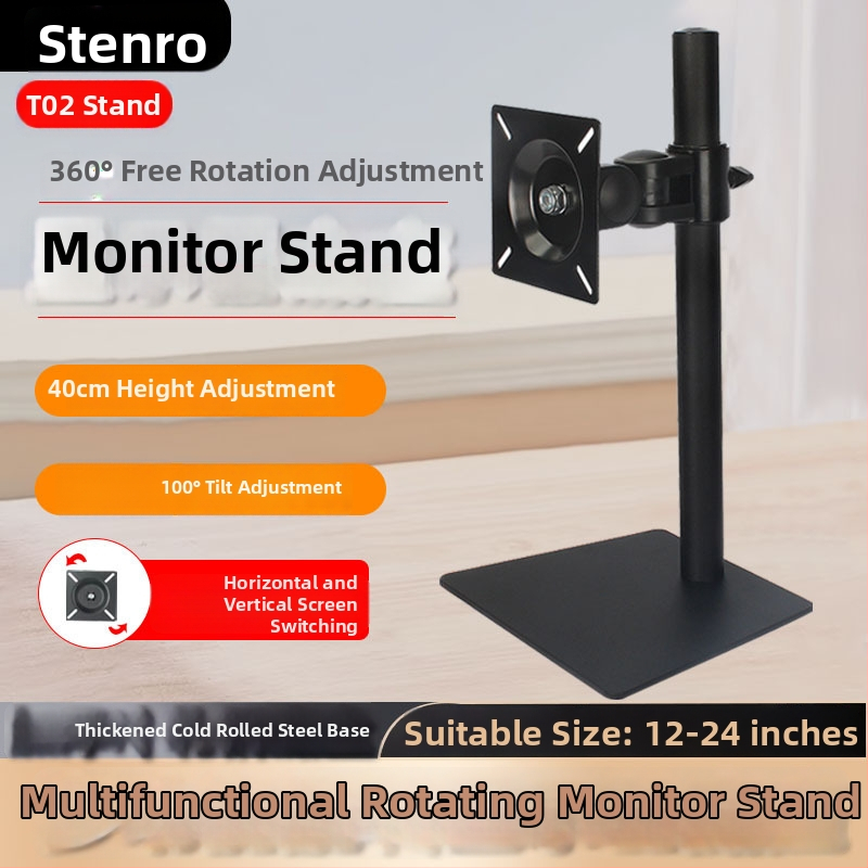 Monitorný stojan T02 – univerzálny pre stolný počítač, 360° otočná základňa, horizontálny/vertikálny displej, materiál: studená valcovaná oceľ