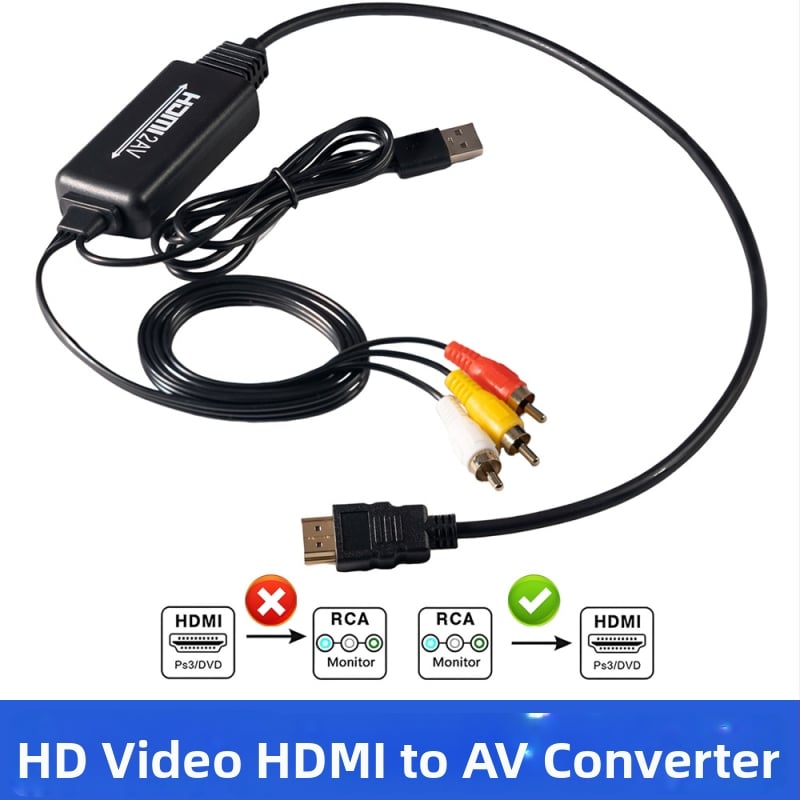 HDMI–AV konverter, 1920x1080 felbontás, RCA háromszínű kimenet, 2 m hosszú kábel a TV-hez