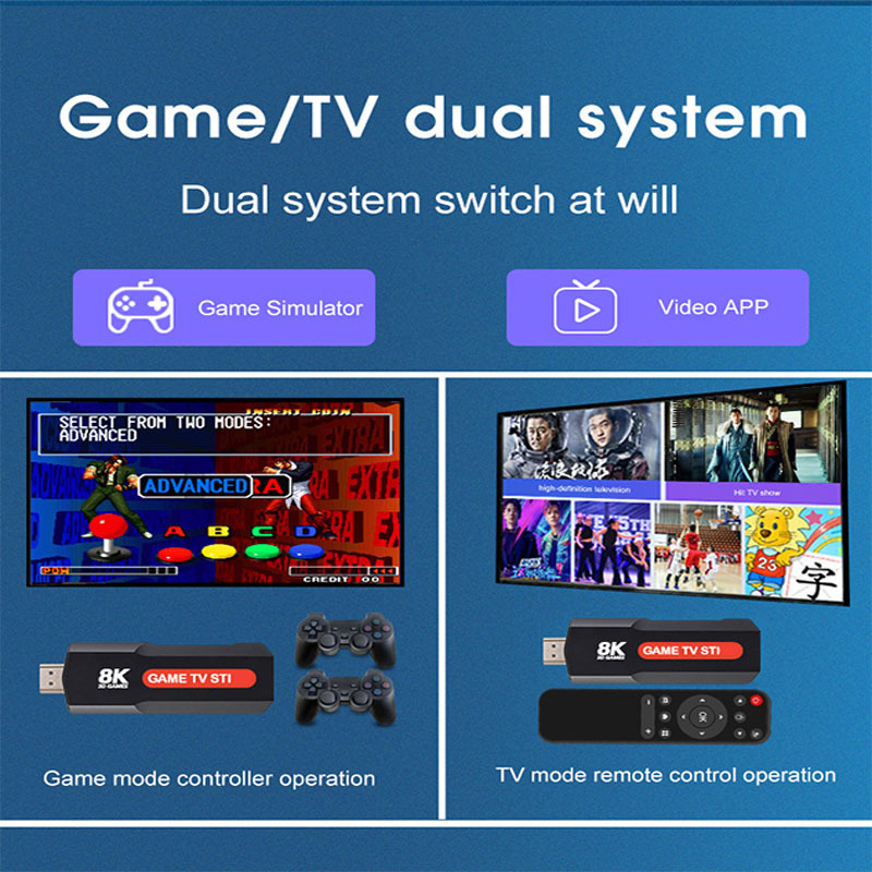 Igralna konzola s bežičnim dvostrukim kontrolerima za dva igrača, arkadni dvostruki sustav, 64GB interna memorija, HDMI izlaz 1080P/720P