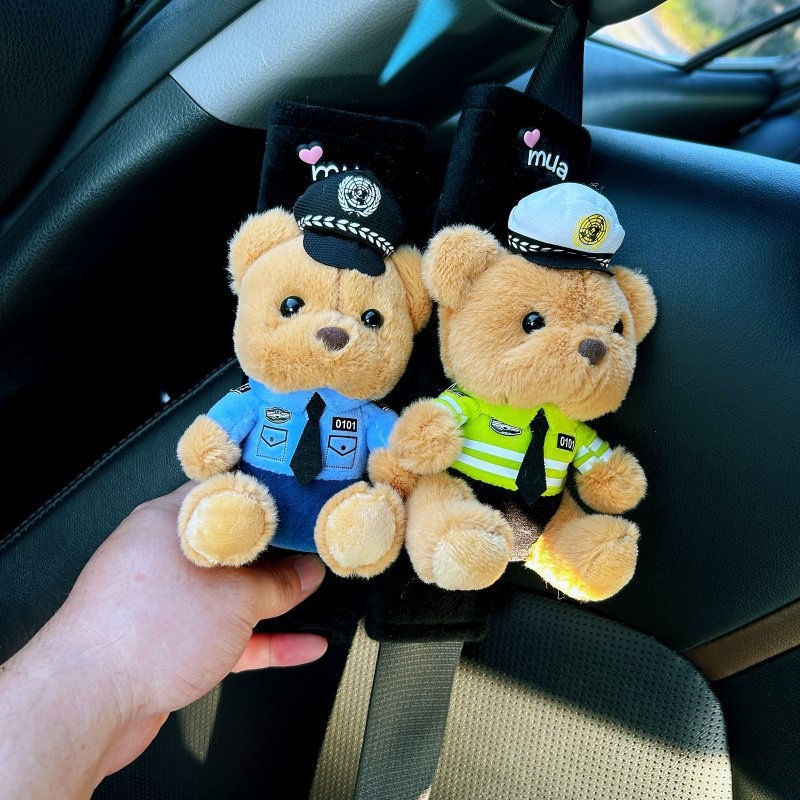 Evans plüss biztonsági öv vállpárna készlet autóhoz – aranyos kis medve rendőr dekoráció, univerzális