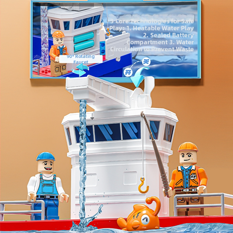 Детска електрическа лодка за риболов – пластмасова конструкция, риболов и воден помпен механизъм, подходяща за деца на 4–6 години, плажен модел за игра и взаимодействие родител-дете