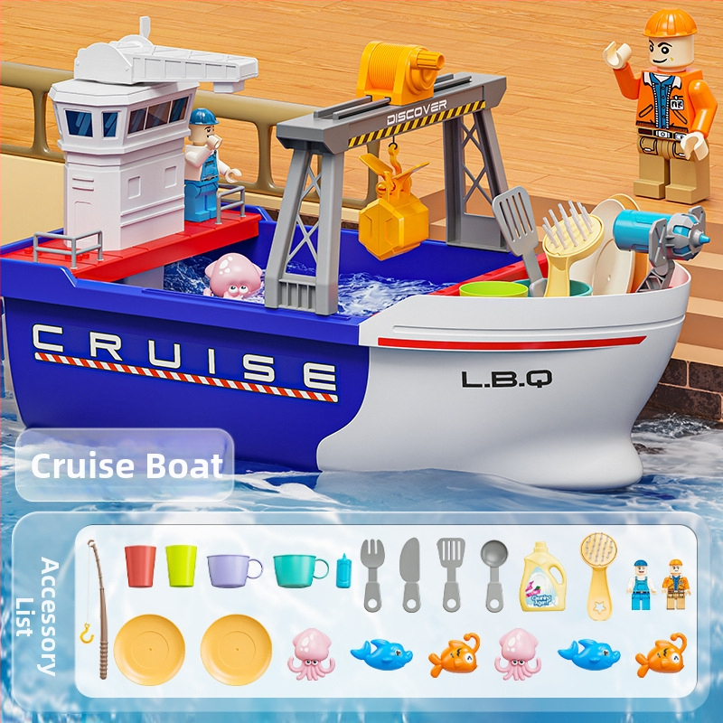 Детска електрическа лодка за риболов – пластмасова конструкция, риболов и воден помпен механизъм, подходяща за деца на 4–6 години, плажен модел за игра и взаимодействие родител-дете