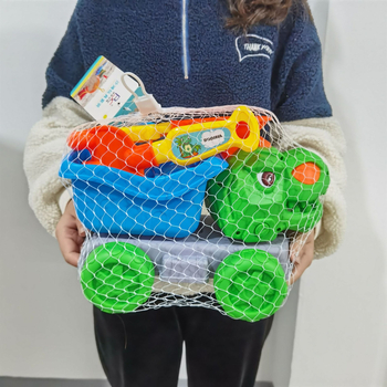 Динозавърски комплект за плажни играчки – лопатка и кофа, пластмасов, подходящ за деца 4–6 г, опаковка в мрежеста торба, 3C сертифициран