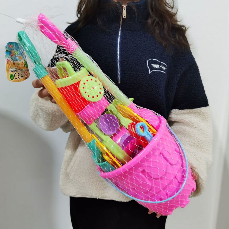 Динозавърски комплект за плажни играчки – лопатка и кофа, пластмасов, подходящ за деца 4–6 г, опаковка в мрежеста торба, 3C сертифициран