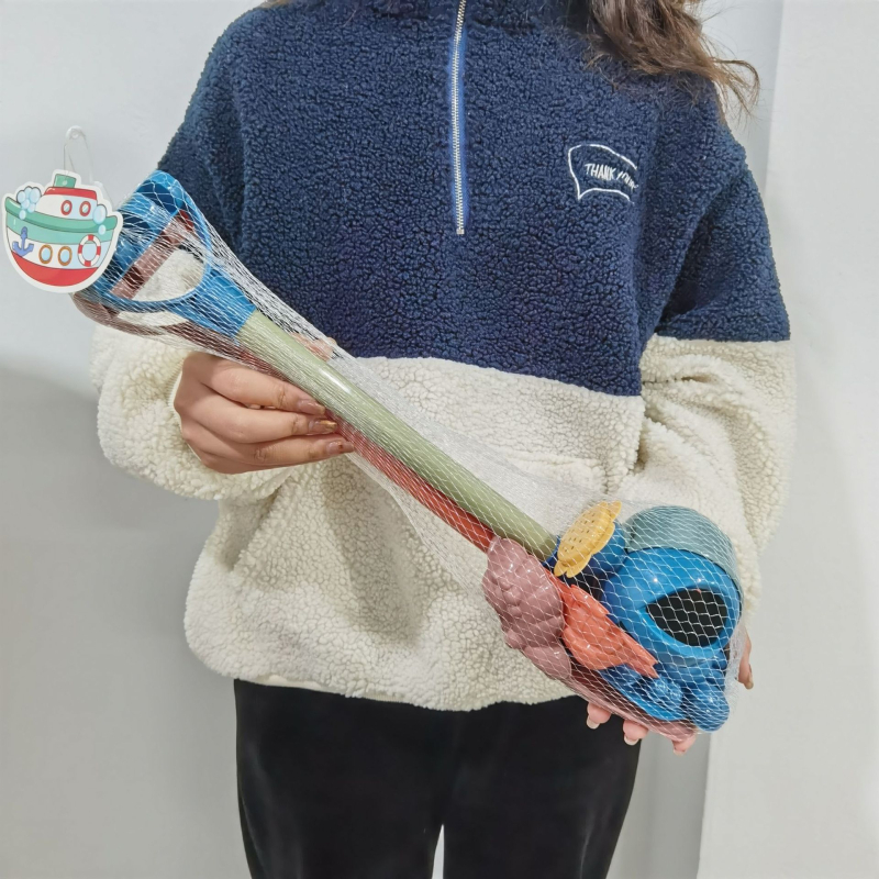 Динозавърски комплект за плажни играчки – лопатка и кофа, пластмасов, подходящ за деца 4–6 г, опаковка в мрежеста торба, 3C сертифициран