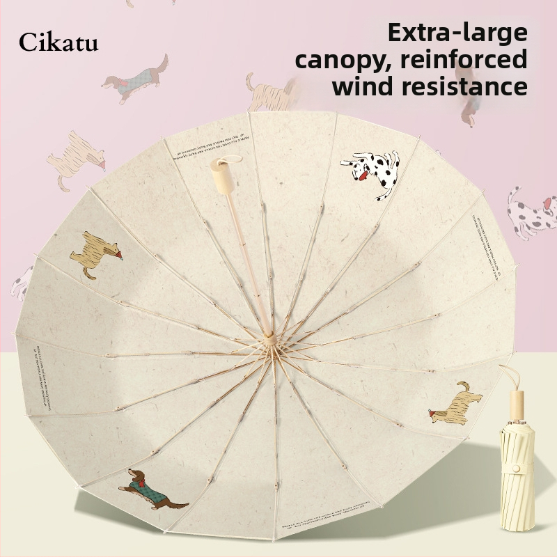 Nap- és eső elleni 16‑bordás összecsukható esernyő rostból készült bordákkal és tengellyel, EVA fogantyú, UPF50+, manuális nyitás-zárás