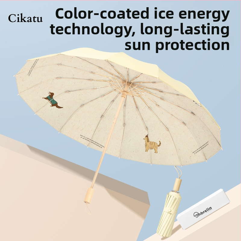 Nap- és eső elleni 16‑bordás összecsukható esernyő rostból készült bordákkal és tengellyel, EVA fogantyú, UPF50+, manuális nyitás-zárás