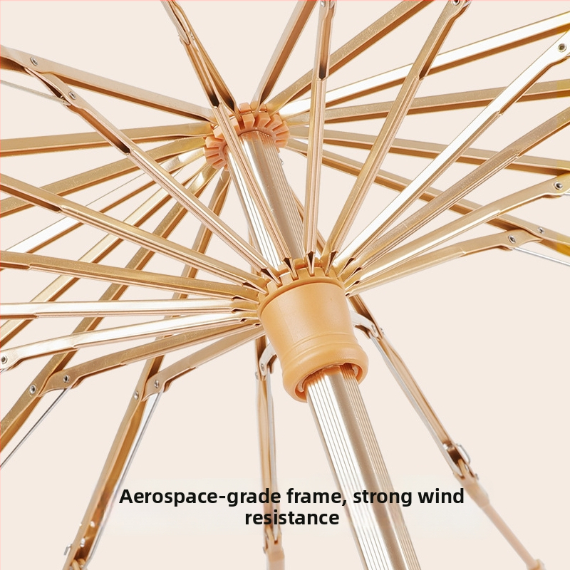 Nap- és eső elleni 16‑bordás összecsukható esernyő rostból készült bordákkal és tengellyel, EVA fogantyú, UPF50+, manuális nyitás-zárás