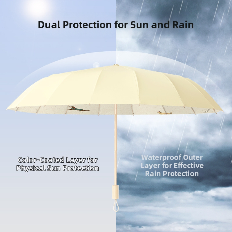 Nap- és eső elleni 16‑bordás összecsukható esernyő rostból készült bordákkal és tengellyel, EVA fogantyú, UPF50+, manuális nyitás-zárás