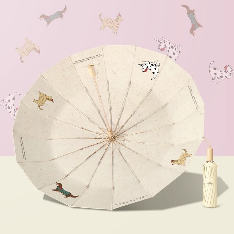 Nap- és eső elleni 16‑bordás összecsukható esernyő rostból készült bordákkal és tengellyel, EVA fogantyú, UPF50+, manuális nyitás-zárás