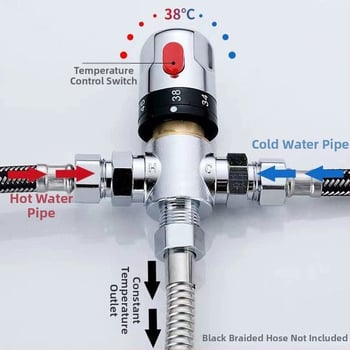 Valvă de amestec termostatic din alamă pentru baie, control temperatură, DN15, ieșire G1/2, 0.1–1 MPa, rece 0–30°C / cald 38–80°C