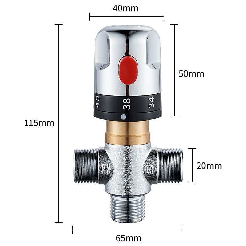 Valvă de amestec termostatic din alamă pentru baie, control temperatură, DN15, ieșire G1/2, 0.1–1 MPa, rece 0–30°C / cald 38–80°C