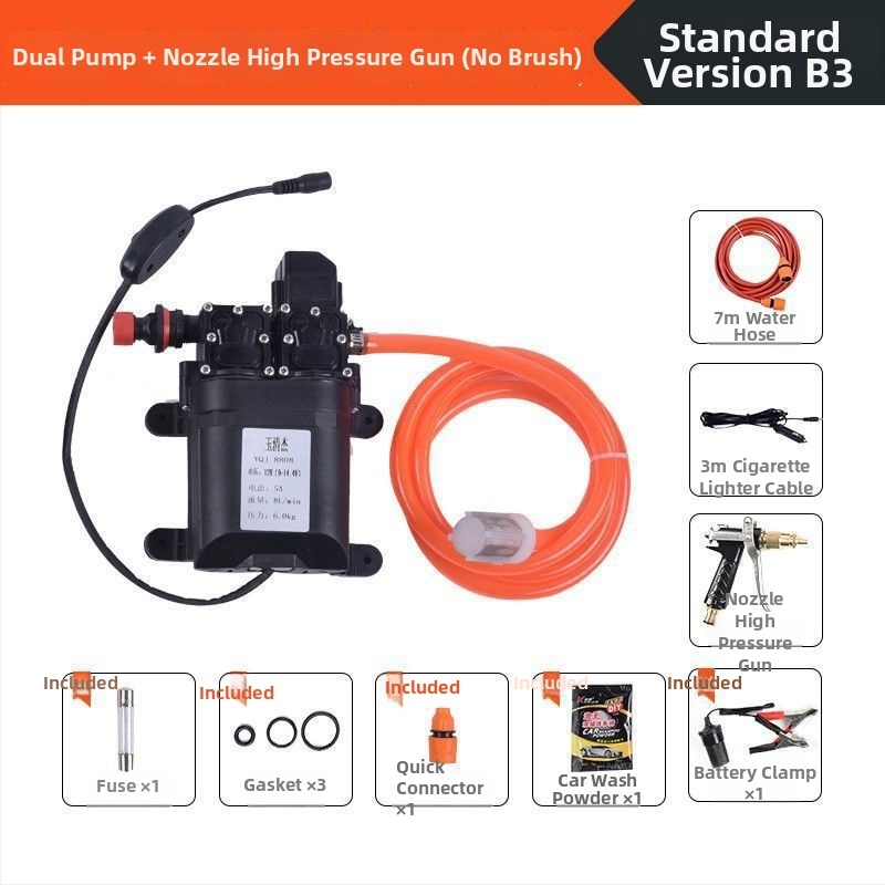 Domáce vysokotlaké inteligentné čerpadlo na umývanie auta, prenosné s dvojitou pumpou (60W, čistá meď, napájanie zo zapaľovača, hadica <10 m, vstupný výkon čerpadla ≤10 kW)