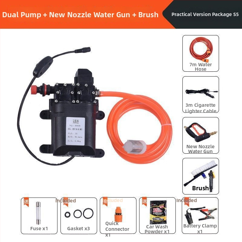 Domáce vysokotlaké inteligentné čerpadlo na umývanie auta, prenosné s dvojitou pumpou (60W, čistá meď, napájanie zo zapaľovača, hadica <10 m, vstupný výkon čerpadla ≤10 kW)