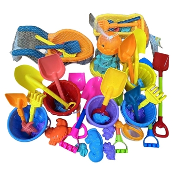 Set igračaka za plažu za djecu: ATV, kanta, pješčani sat, lopatica i alati za pijesak (Materijal: plastika; Pakiranje: mrežasta vrećica; Doba starosti: 15–35 godina; Kategorija: plažne igračake)