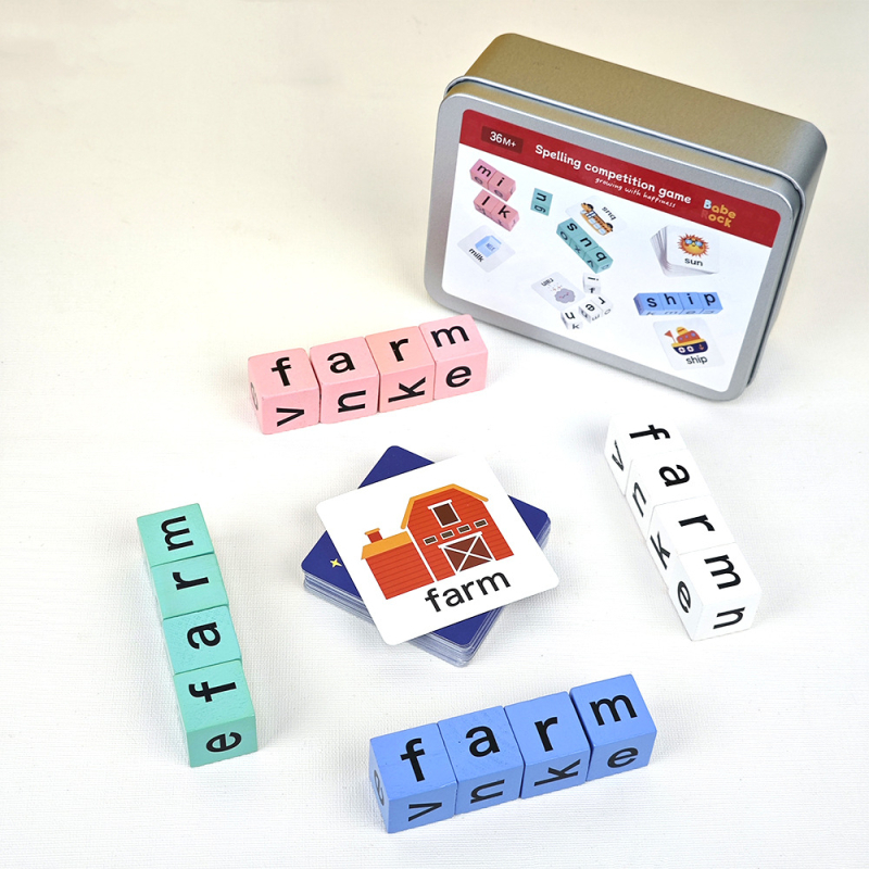 Fából készült 3D betűs puzzle angol betűkhöz – Babe Rock, 4–6 éveseknek, DIY-barát, színes dobozos csomagolás.