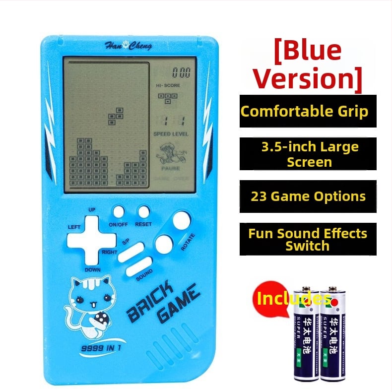Nagyképernyős Tetris kézi játékkonzol – retro nosztalgikus klasszikus gyerekeknek; műanyag ház; memória nélkül; száraz elemmel működik