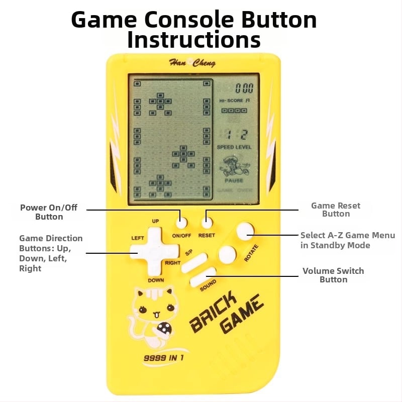 Nagyképernyős Tetris kézi játékkonzol – retro nosztalgikus klasszikus gyerekeknek; műanyag ház; memória nélkül; száraz elemmel működik