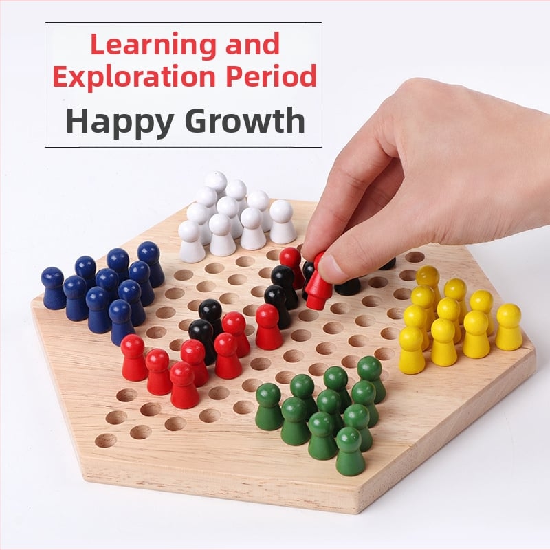 Εξάγωνο ξύλινο παιχνίδι ντάμα για παιδιά, κλασικό επιτραπέζιο παιχνίδι, ηλικίες 4–14