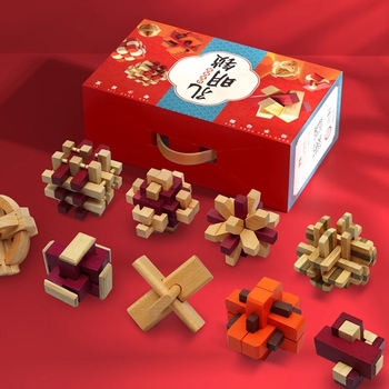 Drveni Kongming/Luban puzzle ključavnica set, prilagođen prema crtama, za uzrast 15–35 godina, pakiran u kutiju
