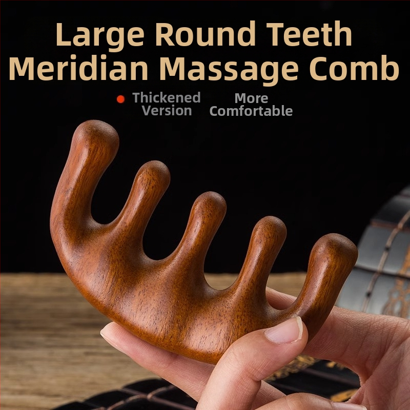 Drevený meridiánový masážny hrebeň s piatimi zubami na pokožku hlavy