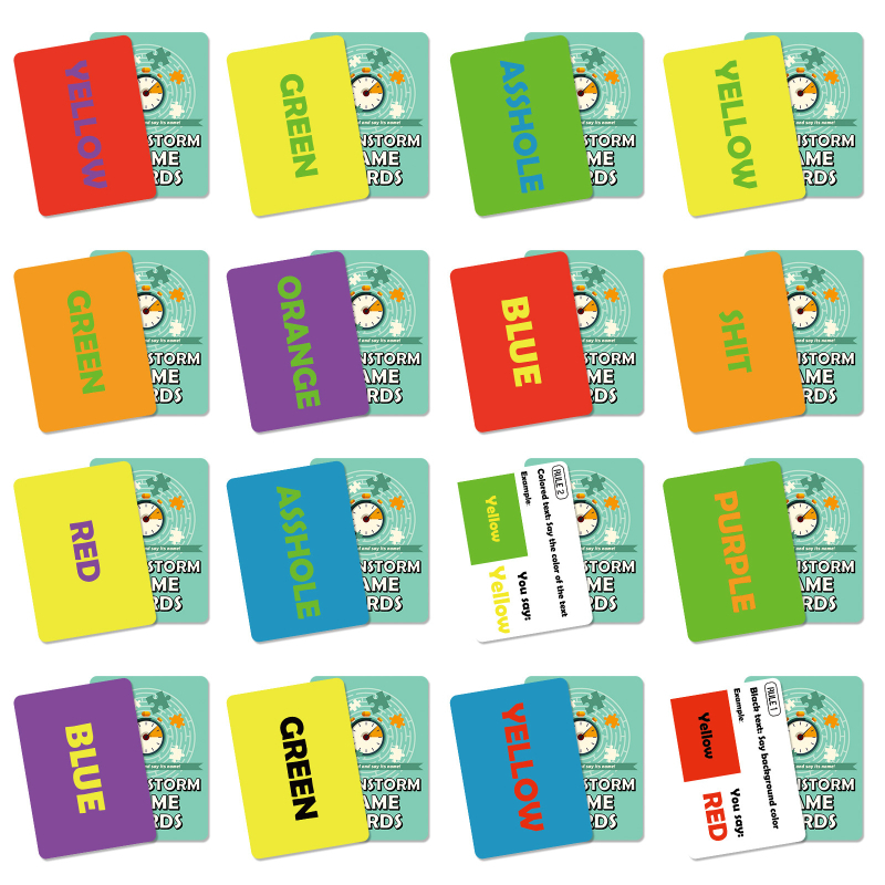 Brainstorminghoz használt társasjáték kártyák — szórakozás, érzelmi fejlesztés, kéz-szem koordináció, interaktív játék