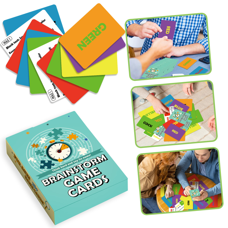 Brainstorminghoz használt társasjáték kártyák — szórakozás, érzelmi fejlesztés, kéz-szem koordináció, interaktív játék