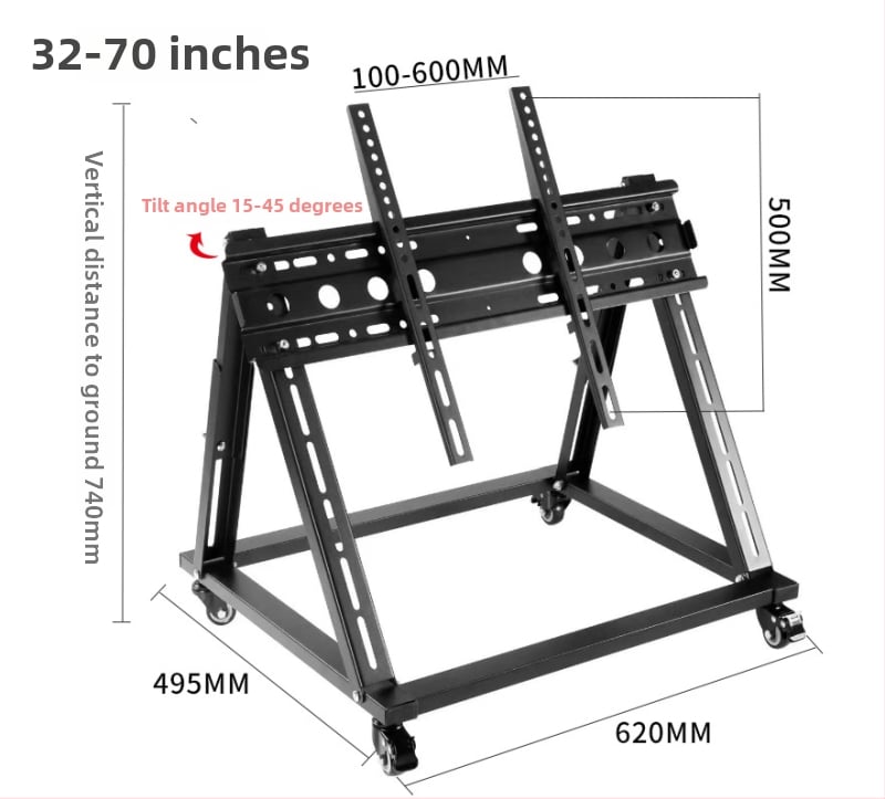 Alacsony TV-tartó háromszög alapú, mozgó kocsi, 45°-os dőlés, teherbírás 11-15 kg