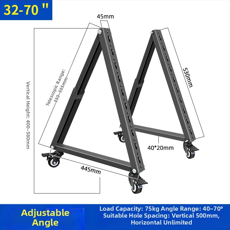 Alacsony TV-tartó háromszög alapú, mozgó kocsi, 45°-os dőlés, teherbírás 11-15 kg