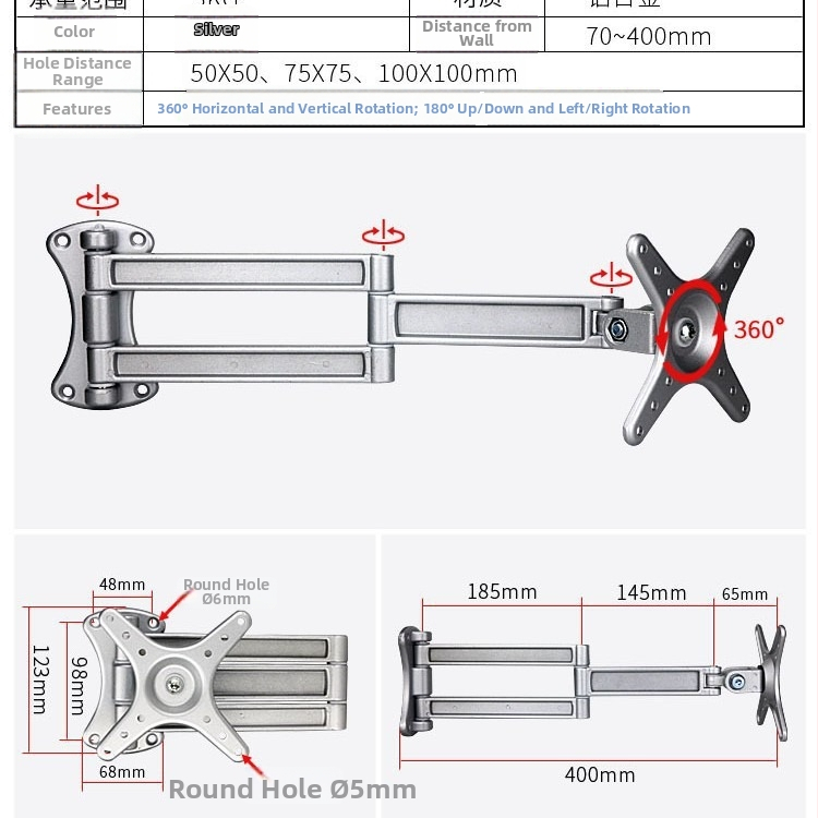 Univerzálny televízny držiak z hliníkovej zliatiny s nastaviteľným uhlom a teleskopickým ramenom