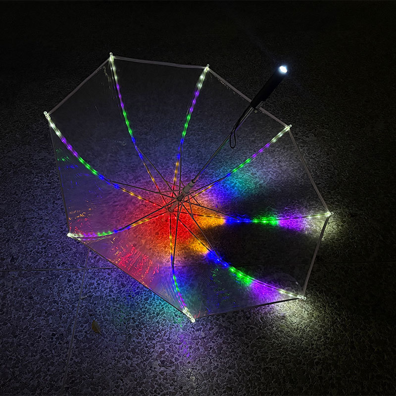 Umbrelă LED luminoasă cu mâner lung - ramă cu 8 spițe, tijă centrală din oțel, acoperire din plastic, imprimare logo personalizată