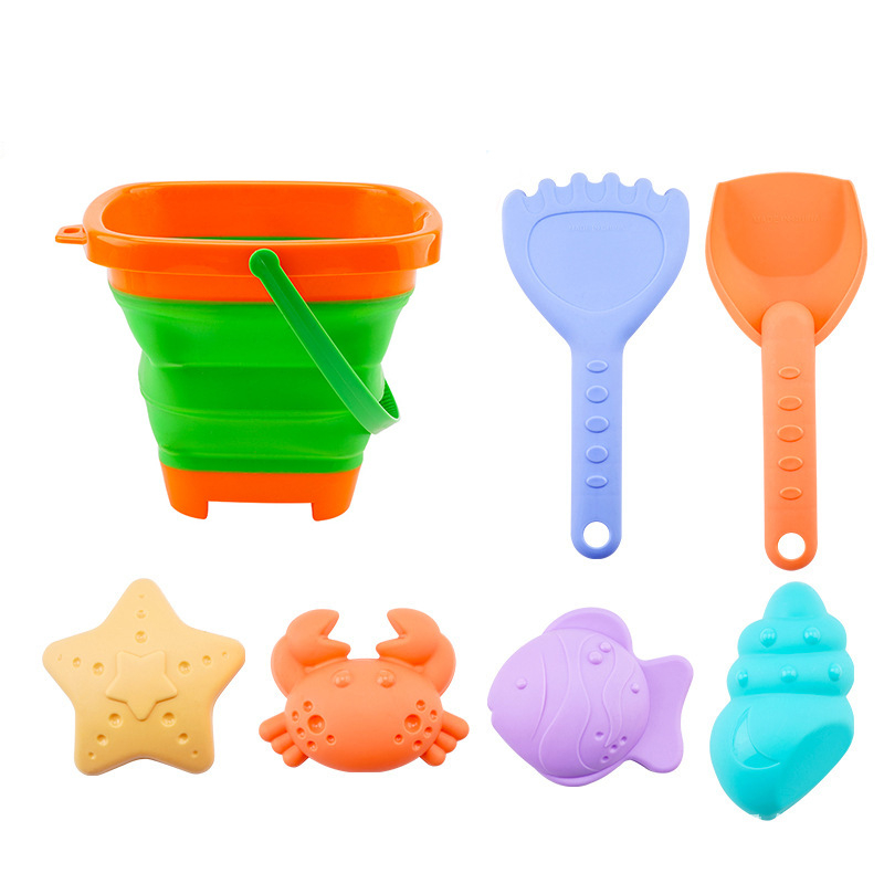 Puha műanyagból készült összecsukható strandvödör játék készlet – PP anyag, hálós zacskóban csomagolva, 4–6 éveseknek, strandon és homokozóban való játékhoz