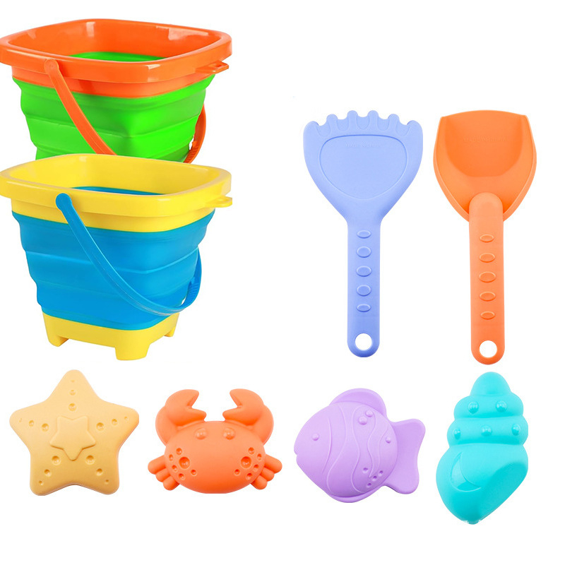 Puha műanyagból készült összecsukható strandvödör játék készlet – PP anyag, hálós zacskóban csomagolva, 4–6 éveseknek, strandon és homokozóban való játékhoz
