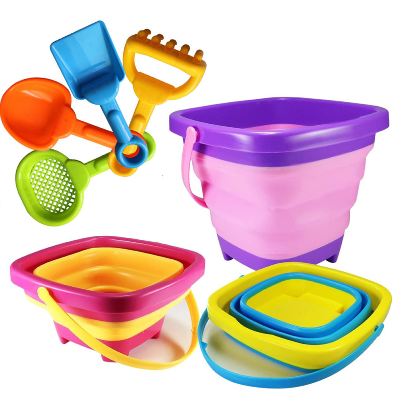 Puha műanyagból készült összecsukható strandvödör játék készlet – PP anyag, hálós zacskóban csomagolva, 4–6 éveseknek, strandon és homokozóban való játékhoz