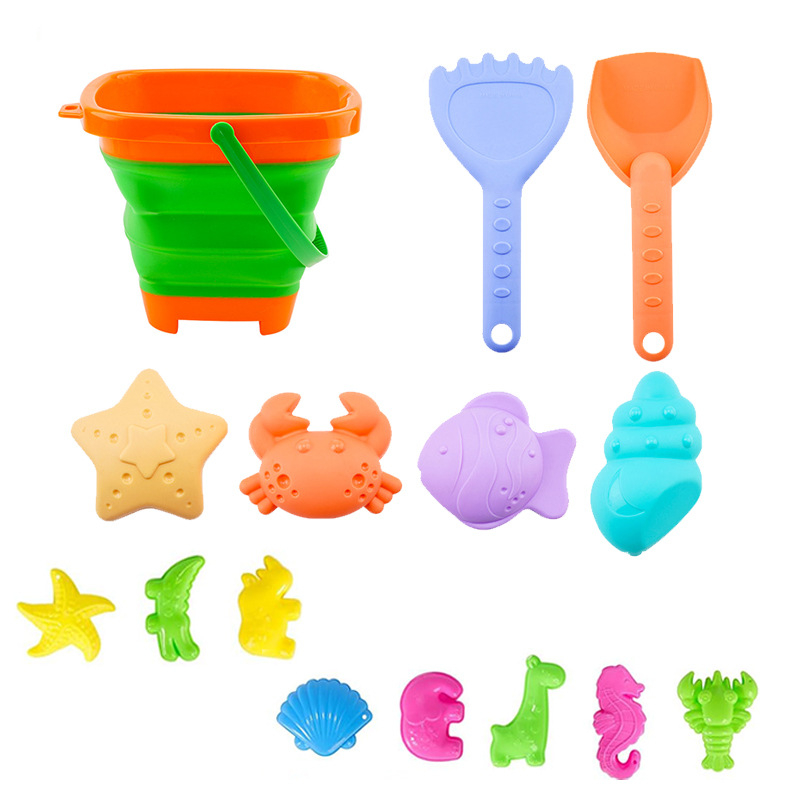Puha műanyagból készült összecsukható strandvödör játék készlet – PP anyag, hálós zacskóban csomagolva, 4–6 éveseknek, strandon és homokozóban való játékhoz