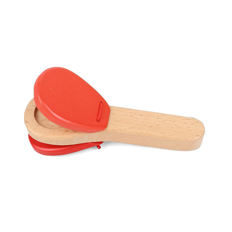 Castanete din lemn cu mâner lung pentru copii, instrument Orff, jucărie educațională — brand GOKI; origine Zhejiang Yunhe; ambalaj: pungă din plasă; potrivit pentru vârsta 4–6 ani