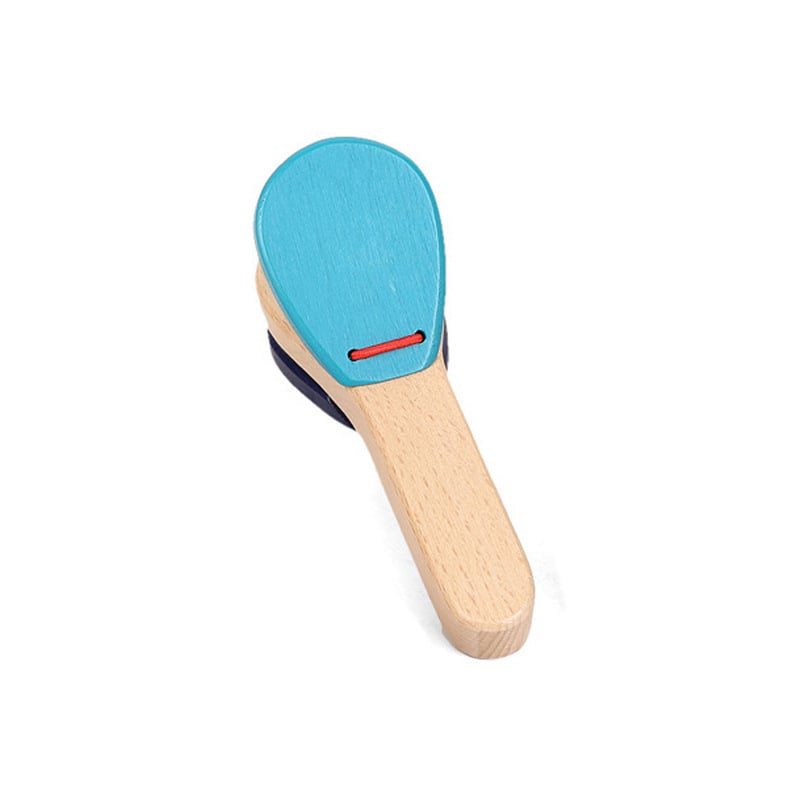 Castanete din lemn cu mâner lung pentru copii, instrument Orff, jucărie educațională — brand GOKI; origine Zhejiang Yunhe; ambalaj: pungă din plasă; potrivit pentru vârsta 4–6 ani