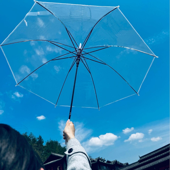 Umbrelă transparentă cu deschidere automată, țesătură PVC 170T, 8 brațe din oțel, raza 42–52 cm, greutate 220 g