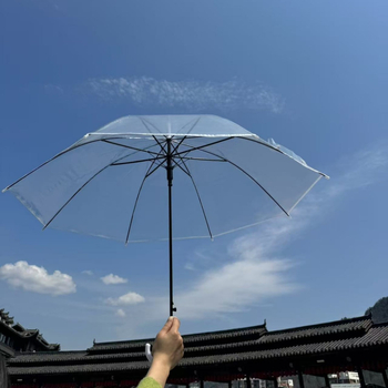 Umbrelă transparentă cu deschidere automată, țesătură PVC 170T, 8 brațe din oțel, raza 42–52 cm, greutate 220 g