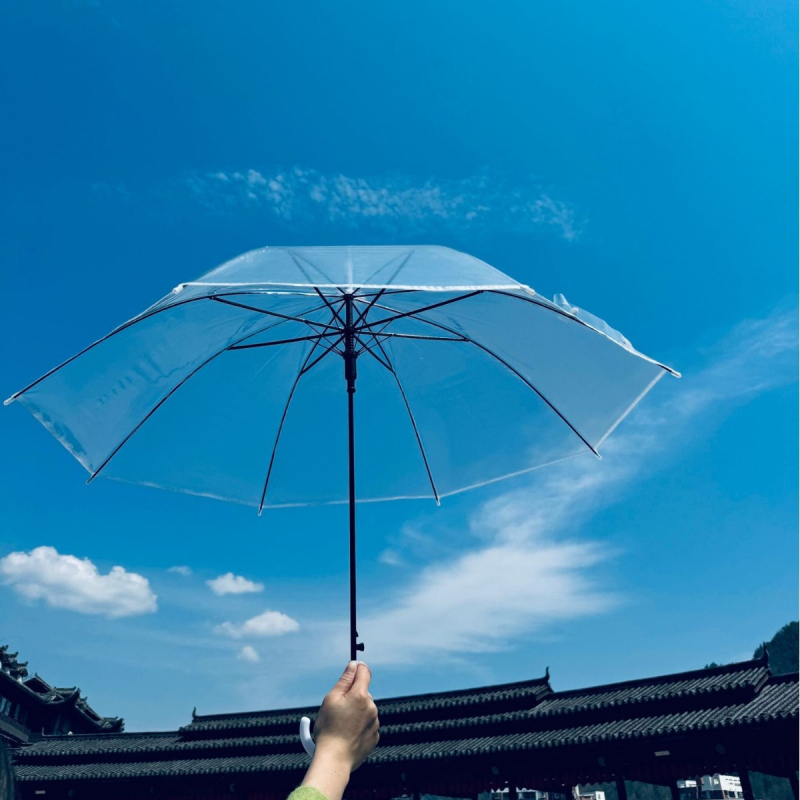 Umbrelă transparentă cu deschidere automată, țesătură PVC 170T, 8 brațe din oțel, raza 42–52 cm, greutate 220 g