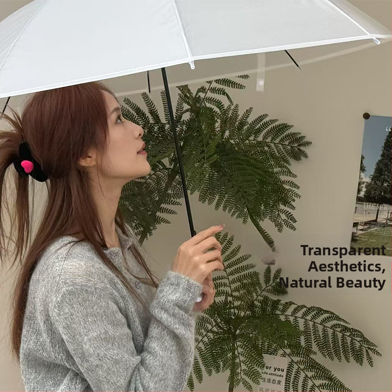 Umbrelă transparentă cu deschidere automată, țesătură PVC 170T, 8 brațe din oțel, raza 42–52 cm, greutate 220 g