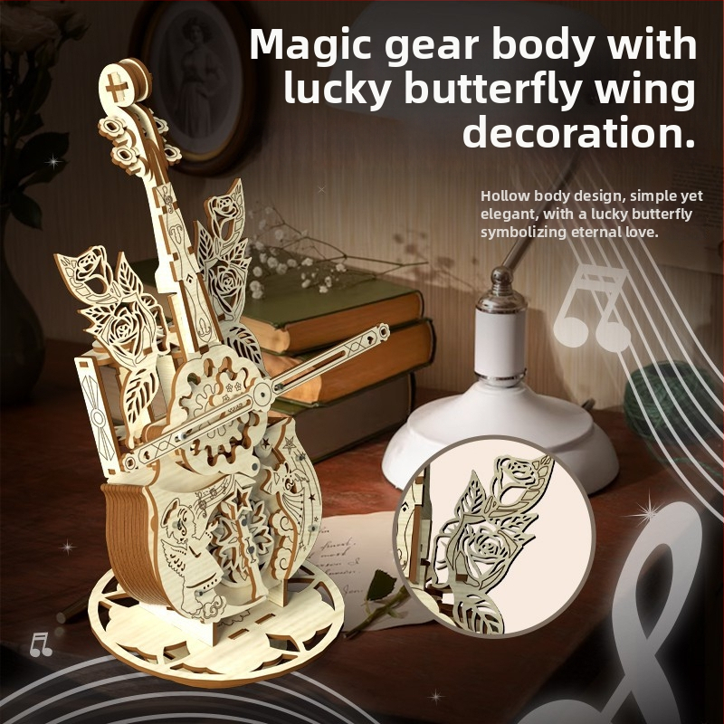 Cutie muzicală din lemn cu design de violoncel, blocuri asamblate manual, gravură, imprimare logo disponibil