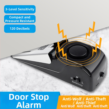 Ajtóstopper riasztóval — modell: Door resistance alarm; anyag: rozsdamentes acél + gumi; típus: hordozható; szerelés: padlóra; kezelés: manuális