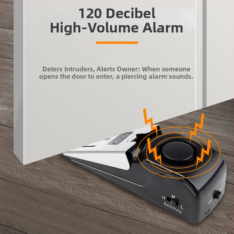 Ajtóstopper riasztóval — modell: Door resistance alarm; anyag: rozsdamentes acél + gumi; típus: hordozható; szerelés: padlóra; kezelés: manuális