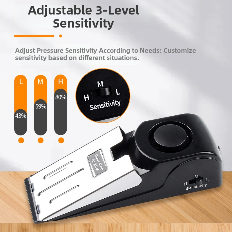 Ajtóstopper riasztóval — modell: Door resistance alarm; anyag: rozsdamentes acél + gumi; típus: hordozható; szerelés: padlóra; kezelés: manuális