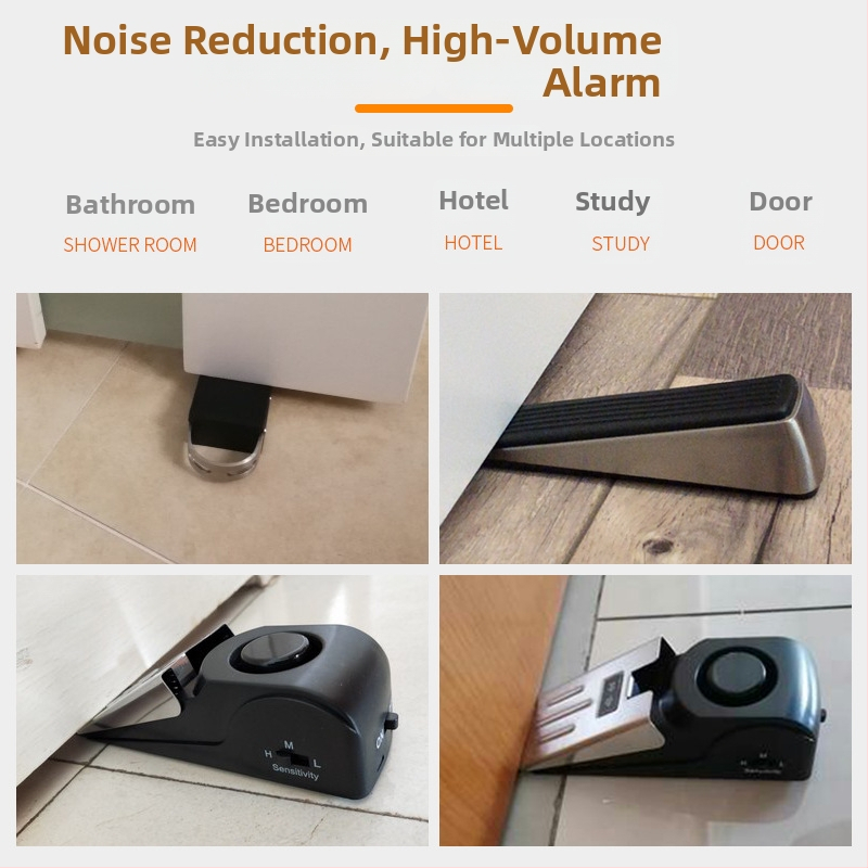 Ajtóstopper riasztóval — modell: Door resistance alarm; anyag: rozsdamentes acél + gumi; típus: hordozható; szerelés: padlóra; kezelés: manuális