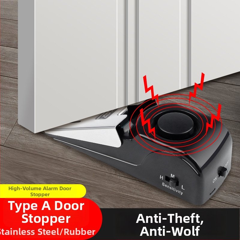 Ajtóstopper riasztóval — modell: Door resistance alarm; anyag: rozsdamentes acél + gumi; típus: hordozható; szerelés: padlóra; kezelés: manuális