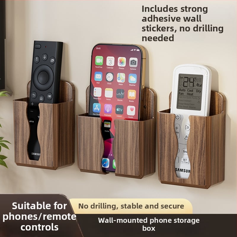 Organizator de depozitare montat pe perete pentru noptiere, cu suport de încărcare pentru telefon și suporturi pentru telecomenzi (Plastic • Model 61-22 • Rezistent la praf • Rotativ • Detasabil)