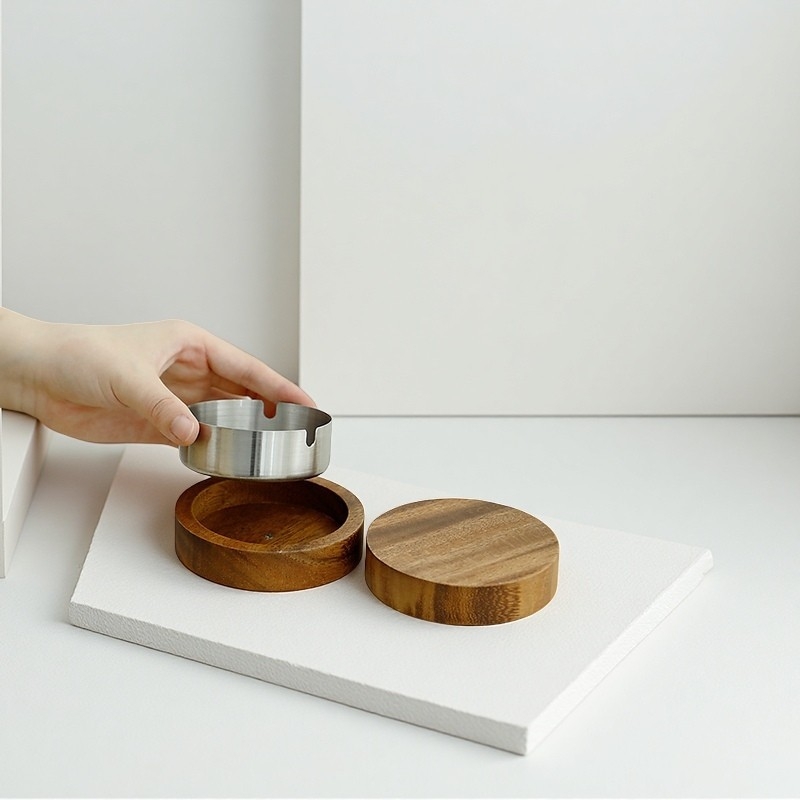 Drveni pepeљara s poklopcem, okruglog oblika, za dom i ured, nordijski stil, sprječava rasipanje pepela